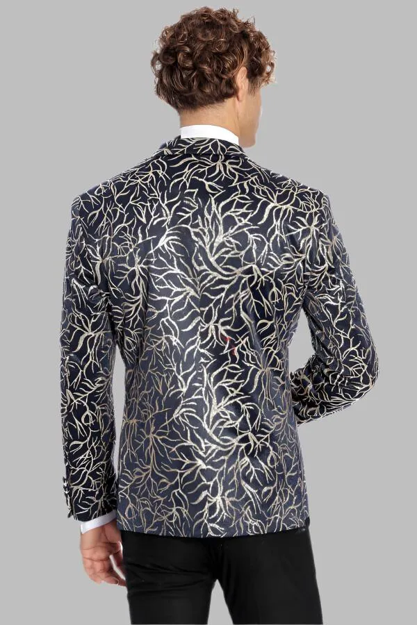 WSS Sparkling Ivy Patterned Slim Fit Navy Blue Men Prom Blazer  - Singen