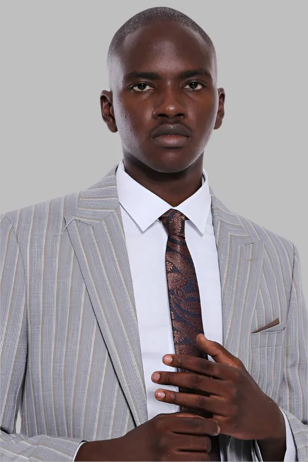 WSS Striped Blazer Plain Pants Grey Men Suit  - Singen