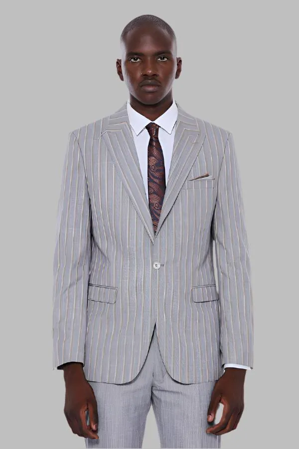 WSS Striped Blazer Plain Pants Grey Men Suit  - Singen
