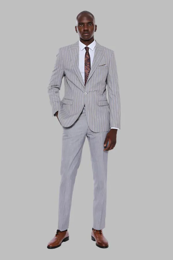 WSS Striped Blazer Plain Pants Grey Men Suit  - Singen